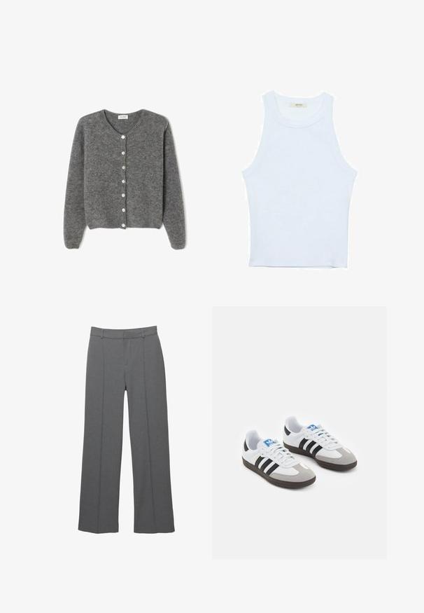 Šedý vlněný kardigan s kulatým výstřihem, který má sedm předních knoflíků a měkký, texturovaný povrch. Rukávy jsou mírně volné.; Bílý top bez rukávů, žebrovaná textura, kulatý výstřih, obtáhnutý střih, decentní značka na štítku uvnitř oblasti límce.; Šedé formální kalhoty se střihem do rovného nohavice, pasem s poutky na opasek a předními skladbami na bílém pozadí.; Sportovní boty s bílým koženým svrškem, šedou semišovou špičkou a třemi černými pruhy. Obsahují modré logo na jazyku a texturovanou gumovou podrážku.