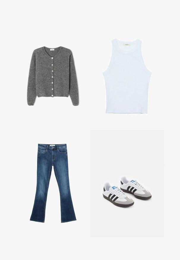 Šedý vlněný kardigan s kulatým výstřihem, který má sedm předních knoflíků a měkký, texturovaný povrch. Rukávy jsou mírně volné.; Bílý top bez rukávů, žebrovaná textura, kulatý výstřih, obtáhnutý střih, decentní značka na štítku uvnitř oblasti límce.; Rozšířené džíny ze středně modrého denimového materiálu. Obsahují přední kapsy, poutka na opasek a standardní pas. Viditelné kontrastní švy po celém oděvu.; Sportovní boty s bílým koženým svrškem, šedou semišovou špičkou a třemi černými pruhy. Obsahují modré logo na jazyku a texturovanou gumovou podrážku.