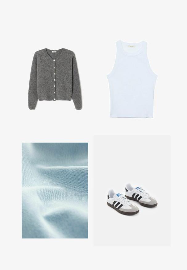 Harmaa villaneule, jossa on pyöreä kaula-aukko, seitsemällä etunapilla ja pehmeällä, teksturoidulla pinnalla. Hihat ovat hieman löysät.; Valkoinen hihaton toppi, ribbed rakenne, pyöreä pääntie, hihaton malli, tiukka muoto, hillitty brändäys kauluksella sisäpuolella.; Vaaleansininen kangas, jossa on sileä rakenne ja hieno vinoneliöinen kudontakuvio, esittäen pehmeitä taitoksia ja hienovaraisia sävyvaihteluita.; Urheilukengät, joissa on valkoinen nahkainen päällinen, harmaa mokkanokka ja kolme mustaa raitaa. Ominaisuuksina sininen logo kielekkeessä ja kuvioitu kumipohja.