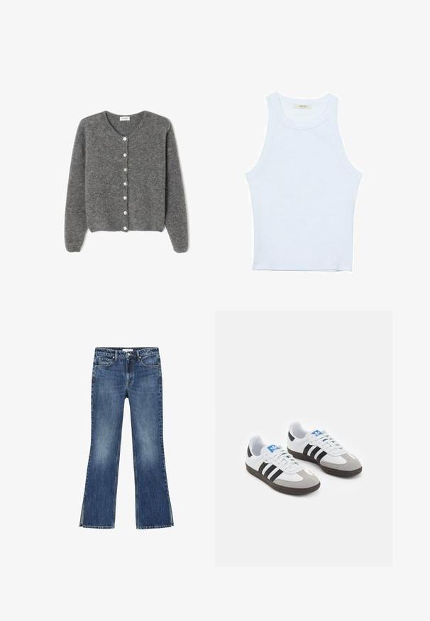 Grå uld cardigan med rund hals, prydet med syv knapper foran og en blød, tekstureret overflade. Ærmerne er en smule løse.; Hvid tanktop, ribbet tekstur, rund halsudskæring, ærmeløs design, tætsiddende form, diskret branding på mærket inden i kraveområdet.; Flerede blå denimjeans med en medium vask, der har en tætsiddende talje, to forlommer og slidser ved anklerne.; Sportsko med en overdel i hvid læder, grå ruskind på tåen og tre sorte striber. Har et blåt logo på tungen og en struktureret gummisål.