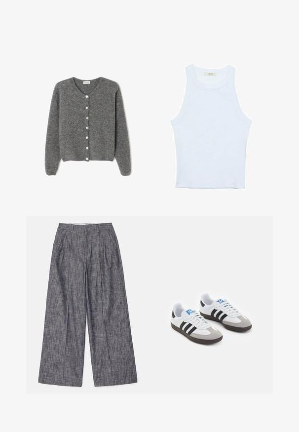 Grau gestrickte Wolle-Cardigan mit rundem Ausschnitt, ausgestattet mit sieben Vorderknöpfen und einer weichen, strukturierten Oberfläche. Die Ärmel sind leicht weit.; Weißes Tanktop, gerippte Textur, runder Ausschnitt, ärmelloses Design, enganliegende Form, dezente Markenkennzeichnung im Etikett im Kragenbereich.; Filippa K DARCEY TEXTURED TROUSERS - Stoffhose - navy/white; Sportschuhe mit einem Obermaterial aus weißem Leder, grauer Wildleder-Zehenkappe und drei schwarzen Streifen. Sie verfügen über ein blaues Logo auf der Zunge und eine strukturierte Gummisohle.
