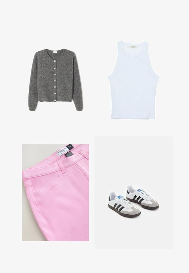 Sivý vlnený kardigán s okrúhlym výstrihom, s vydaním sedem predných gombíkov a jemným, textúrovaným povrchom. Rukávy sú mierne voľné.; Biele tielko, rebrový textúra, okrúhly výstrih, bezrukávový dizajn, priliehavý strih, diskrétne logo na štítku vo vnútri oblasti goliera.; Krátke ružové legíny z jersey materiálu s hladkou textúrou, štandardným pásom a bočnými vreckami. Na štítku sú uvedené veľkosť a značka.; Športové topánky s bielym koženým zvrškom, šedou semišovou špičkou a tromi čiernymi pruhmi. Obsahujú modré logo na jazyku a štruktúrovanú gumovú podrážku.