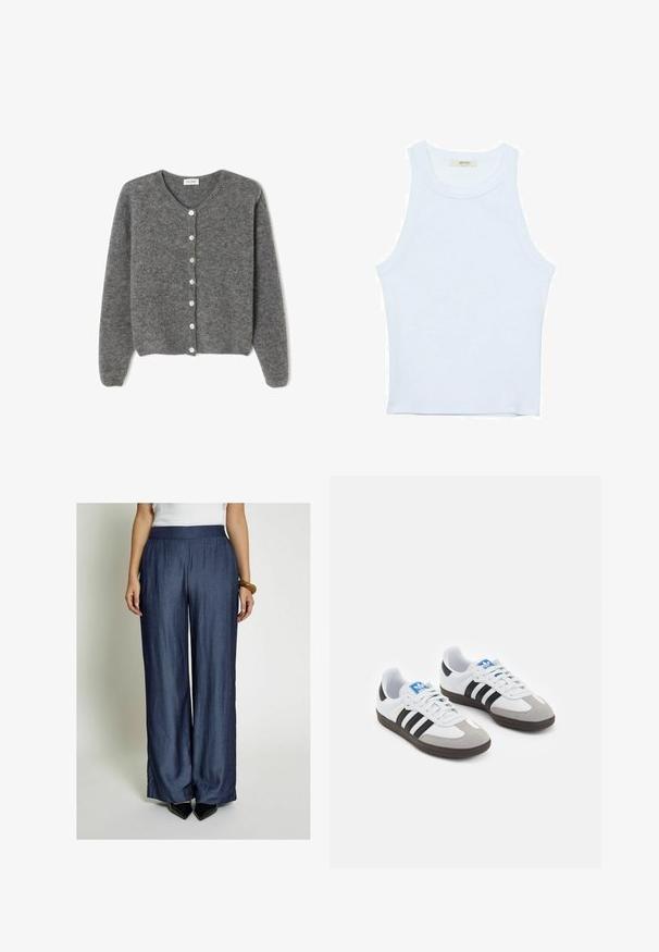 Sivi vuneni kardigan s okruglim izrezom, sa sedam prednjih dugmadi i mekim, teksturiranim završetkom. Rukavi su blago široki.; Bijela majica na bretele, rebrasta tekstura, okrugli izrez, bez rukava, uski kroj, suptilno brendiranje na etiketici unutar područja ovratnika.; Široke plave hlače od laganog materijala, s glatkom teksturom i elastičnim pojasom, u kombinaciji s crnim cipelama na špic.; Sportske cipele s gornjištem od bijele kože, sivi suedinasti nos i tri crne pruge. Imaju plavi logo na jeziku i teksturiranu gumenu podlogu.