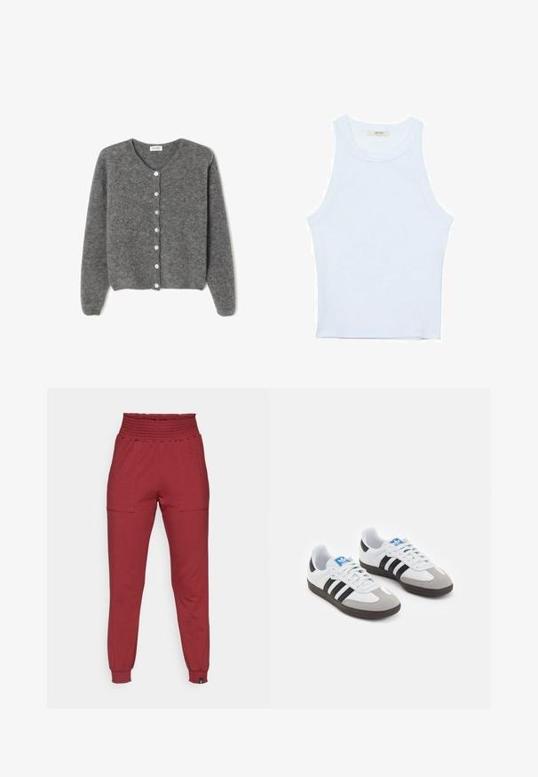 Šedý vlněný kardigan s kulatým výstřihem, který má sedm předních knoflíků a měkký, texturovaný povrch. Rukávy jsou mírně volné.; Bílý top bez rukávů, žebrovaná textura, kulatý výstřih, obtáhnutý střih, decentní značka na štítku uvnitř oblasti límce.; Vysoce pasové červené joggerské kalhoty s elastickým pasem a manžetami, které mají přední nakládané kapsy a štíhlý, zúžený střih.; Sportovní boty s bílým koženým svrškem, šedou semišovou špičkou a třemi černými pruhy. Obsahují modré logo na jazyku a texturovanou gumovou podrážku.