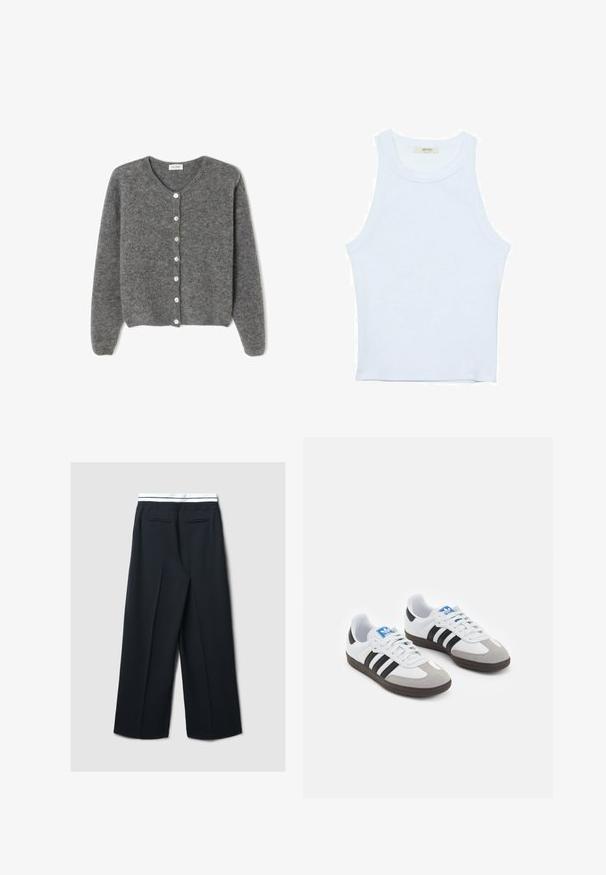 Cardigan grigio in lana con scollo rotondo, caratterizzato da sette bottoni frontali e una finitura morbida e testurizzata. Le maniche sono leggermente ampie.; Canotta bianca, texture a coste, scollatura rotonda, design senza maniche, forma aderente, branding sottile sull'etichetta all'interno dell'area del colletto.; Pantaloni a gamba larga in tessuto blu scuro con una texture liscia, caratterizzati da una cintura elastica bianca e due tasche posteriori.; Scarpe sportive con tomaia in pelle bianca, punta in suede grigia e tre strisce nere. Presentano un logo blu sulla linguetta e una suola in gomma testurizzata.