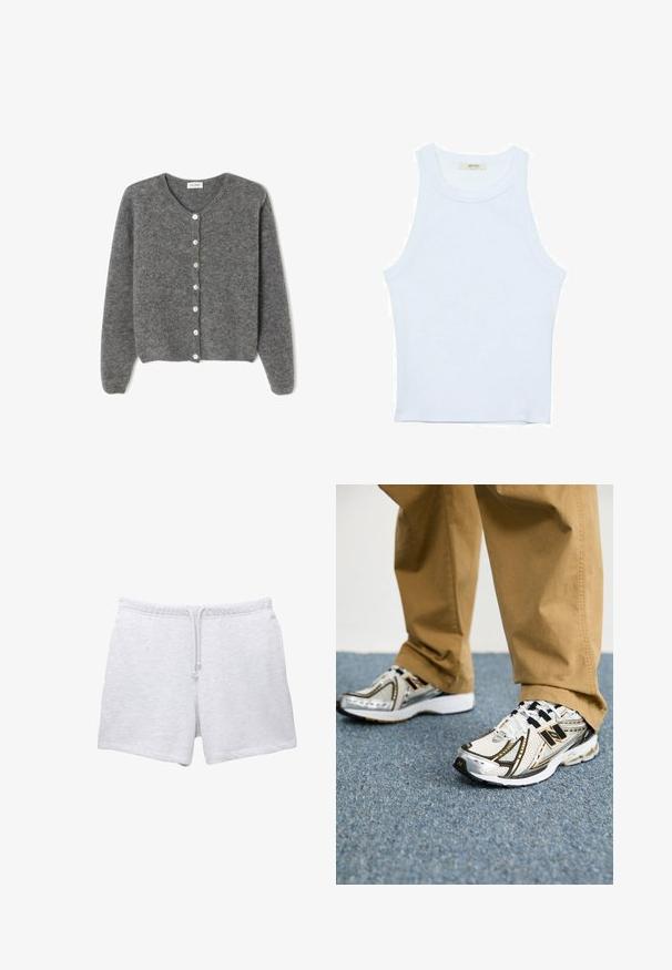 Gray wool cardigan with a round neckline, featuring seven front buttons and a soft, textured finish. Sleeves are slightly loose.; White tank top, ribbed texture, round neckline, sleeveless design, fitted shape, subtle branding on the label inside the collar area.; Light grey cotton shorts with an elastic waistband and drawstring. Features a soft texture and a straight cut with no visible patterns.; White and silver New Balance sneakers with black accents and laces, featuring a mesh upper, cushioned sole, and dynamic design.