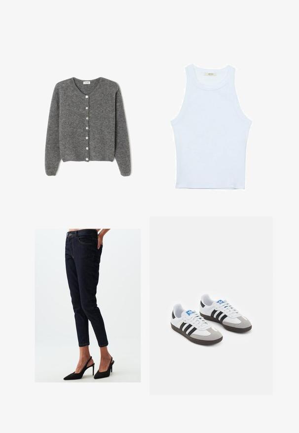 Szary wełniany kardigan z okrągłym dekoltem, z siedmioma guzikami z przodu i miękkim, teksturowanym wykończeniem. Rękawy są nieco luźne.; Biały top bez rękawów, prążkowana tekstura, okrągły dekolt, dopasowany krój, subtelne logo na metce wewnątrz obszaru kołnierza.; Ciemnoniebieskie dżinsy o slim fit i skróconej długości. Posiadają złote szwy, pięć kieszeni oraz zamek błyskawiczny z zapięciem na guzik.; Buty sportowe z białą skórzaną cholewką, szarym zamszowym noskiem i trzema czarnymi paskami. Posiadają niebieskie logo na języku oraz teksturowaną gumową podeszwę.