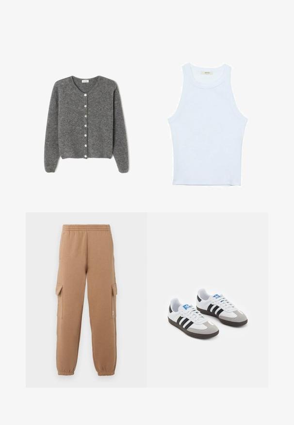 Šedý vlněný kardigan s kulatým výstřihem, který má sedm předních knoflíků a měkký, texturovaný povrch. Rukávy jsou mírně volné.; Bílý top bez rukávů, žebrovaná textura, kulatý výstřih, obtáhnutý střih, decentní značka na štítku uvnitř oblasti límce.; Béžové cargo kalhoty vyrobené z jemné látky s elastickým pasem, manžetami na kotnících a bočními kapsami, s malým logem.; Sportovní boty s bílým koženým svrškem, šedou semišovou špičkou a třemi černými pruhy. Obsahují modré logo na jazyku a texturovanou gumovou podrážku.