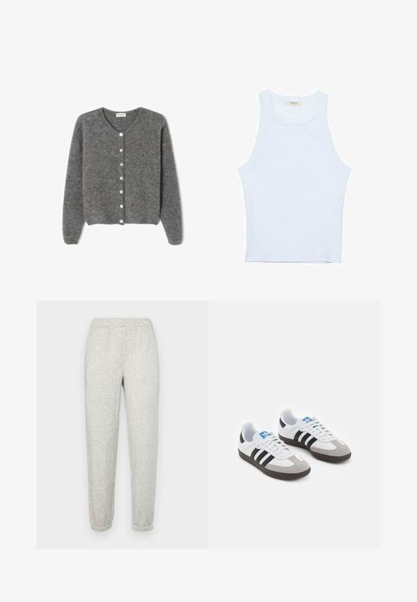 Harmaa villaneule, jossa on pyöreä kaula-aukko, seitsemällä etunapilla ja pehmeällä, teksturoidulla pinnalla. Hihat ovat hieman löysät.; Valkoinen hihaton toppi, ribbed rakenne, pyöreä pääntie, hihaton malli, tiukka muoto, hillitty brändäys kauluksella sisäpuolella.; GAP Verryttelyhousut - heather grey; Urheilukengät, joissa on valkoinen nahkainen päällinen, harmaa mokkanokka ja kolme mustaa raitaa. Ominaisuuksina sininen logo kielekkeessä ja kuvioitu kumipohja.