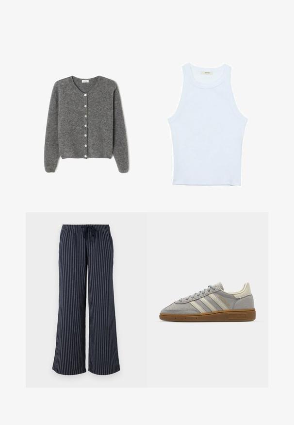 Cardigan grigio in lana con scollo rotondo, caratterizzato da sette bottoni frontali e una finitura morbida e testurizzata. Le maniche sono leggermente ampie.; Canotta bianca, texture a coste, scollatura rotonda, design senza maniche, forma aderente, branding sottile sull'etichetta all'interno dell'area del colletto.; BDG Urban Outfitters AMI HEAVY PULL ON TROUSER - Pantaloni - navy; Sneakers in suede grigio con strisce in pelle grigia chiara e suola in gomma color gomma. Le caratteristiche includono chiusura con lacci e branding sottile sulla linguetta.