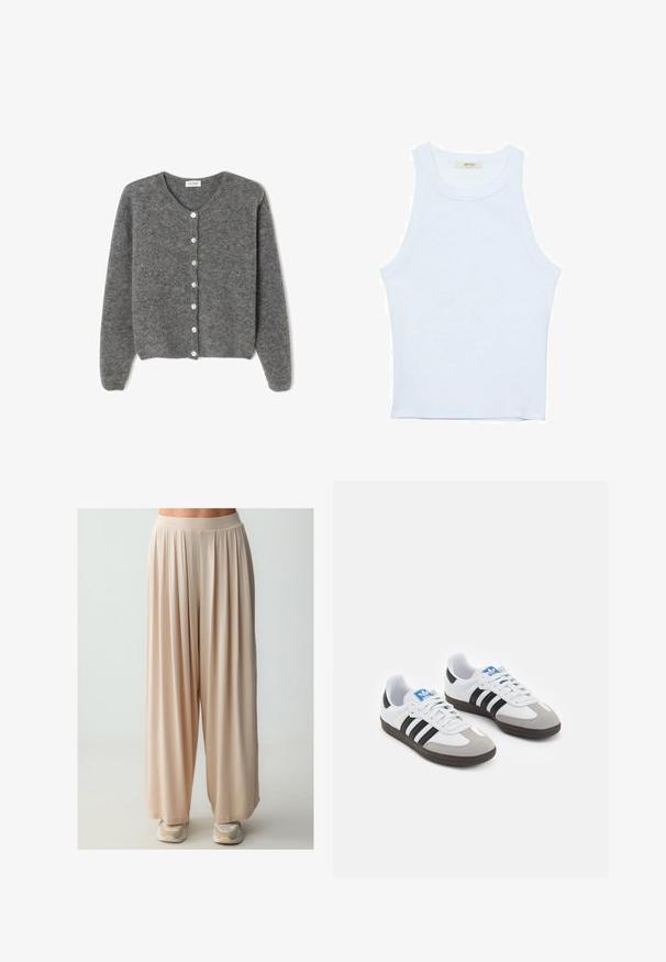 Gray wool cardigan with a round neckline, featuring seven front buttons and a soft, textured finish. Sleeves are slightly loose.; White tank top, ribbed texture, round neckline, sleeveless design, fitted shape, subtle branding on the label inside the collar area.; Beige wide-leg pants made from soft, flowing fabric. Features a high, elastic waistband and a pleated design for added volume.; Sport shoes with a white leather upper, gray suede toe, and three black stripes. Features a blue logo on the tongue and a textured rubber sole.