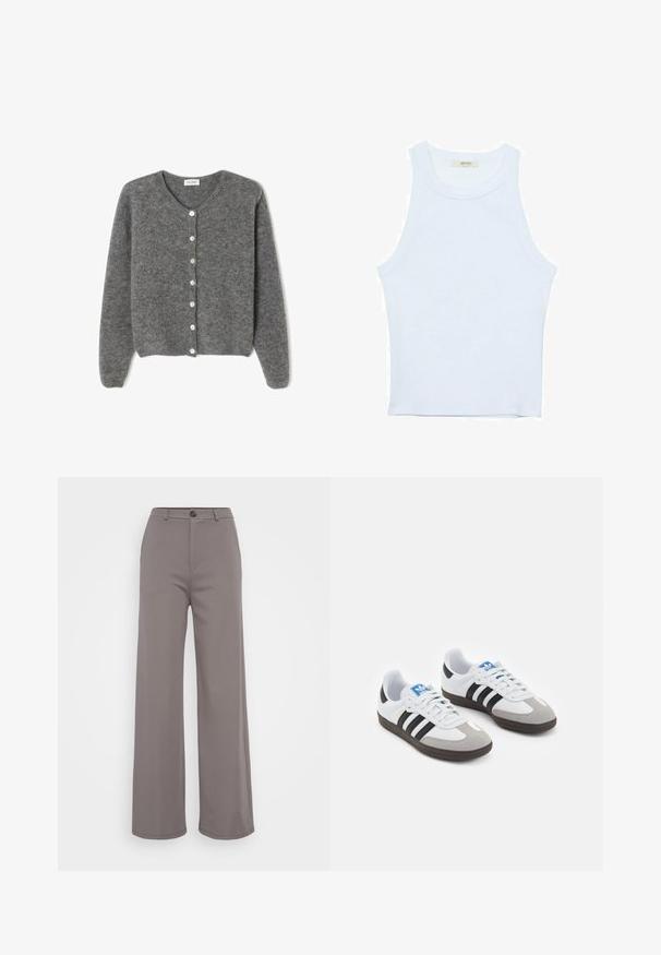 Sivi vuneni kardigan s okruglim izrezom, sa sedam prednjih dugmadi i mekim, teksturiranim završetkom. Rukavi su blago široki.; Bijela majica na bretele, rebrasta tekstura, okrugli izrez, bez rukava, uski kroj, suptilno brendiranje na etiketici unutar područja ovratnika.; Hlače širokih nogavica od mekog sive tkanine. Imaju kopčanje na gumb i čiste šave. Glatka tekstura bez vidljivih uzoraka ili ukrasa.; Sportske cipele s gornjištem od bijele kože, sivi suedinasti nos i tri crne pruge. Imaju plavi logo na jeziku i teksturiranu gumenu podlogu.