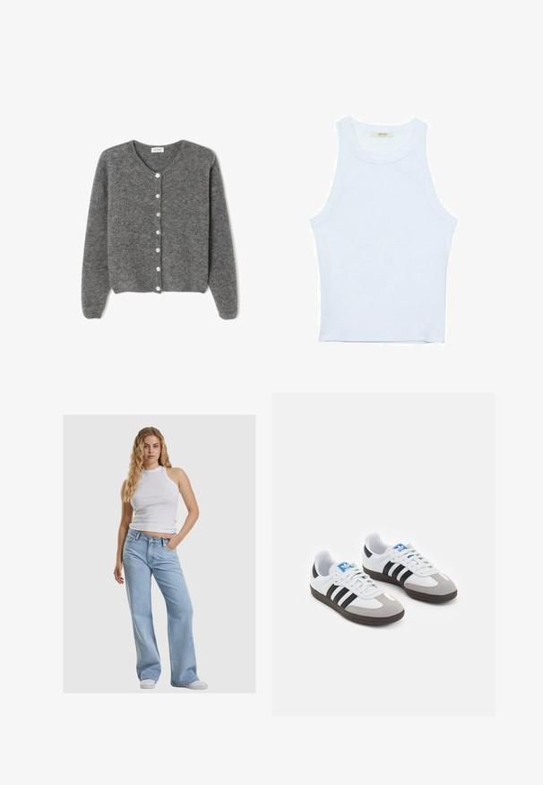 Grå ullcardigan med rund halsringning, som har sju framknappar och en mjuk, strukturerad yta. Ärmarna är något lösa.; Vit linne med ribbat mönster, rund halsringning, ärmlös design, figurnära passform, diskret logotyp på etiketten inuti halsringningen.; Vit ärmlös crop top, ljusblå vida jeans och vita sneakers. Outfiten kännetecknas av mjukt material och en avslappnad silhuett.; Sportskor med överdel i vit läder, grå mocka på tårna och tre svarta ränder. Har en blå logotyp på tungan och en texturerad gummisula.