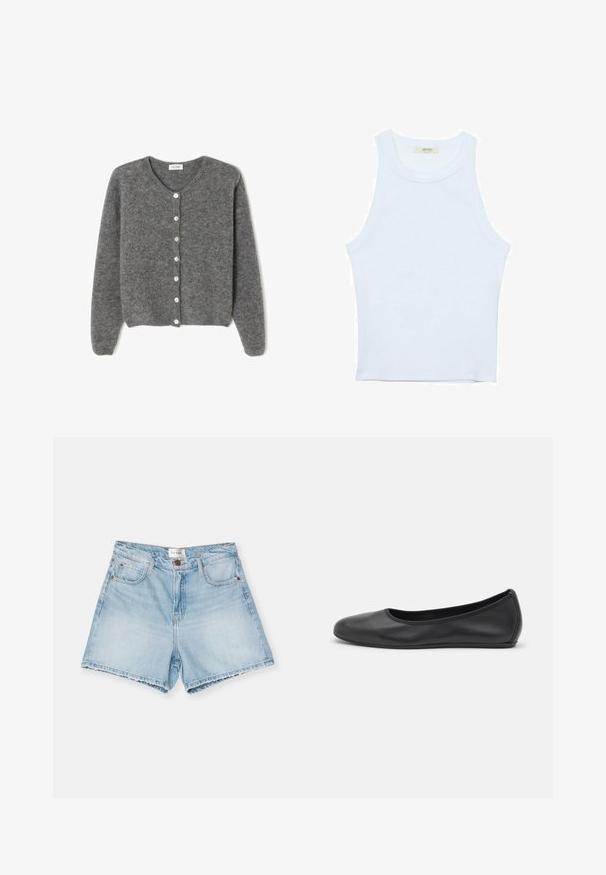 Cardigan en laine grise avec un col rond, comportant sept boutons sur le devant et une finition douce et texturée. Les manches sont légèrement amples.; Débardeur blanc, texture côtelée, encolure ronde, design sans manches, forme ajustée, marque discrète sur l'étiquette à l'intérieur du col.; FRAME THE EASY - Short en jean - fizz indigo; Ballerines en cuir noir avec un bout rond, texture lisse, détails de couture minimalistes et design de semelle flexible.