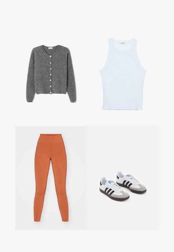 Harmaa villaneule, jossa on pyöreä kaula-aukko, seitsemällä etunapilla ja pehmeällä, teksturoidulla pinnalla. Hihat ovat hieman löysät.; Valkoinen hihaton toppi, ribbed rakenne, pyöreä pääntie, hihaton malli, tiukka muoto, hillitty brändäys kauluksella sisäpuolella.; Oranssit korkeavyötäröiset leggingsit, jotka on valmistettu pehmeästä ja joustavasta kankaasta. Silkkinen pinta, tiukka malli, saumatonta rakennetta ja nilkkapituisen muotoilu.; Urheilukengät, joissa on valkoinen nahkainen päällinen, harmaa mokkanokka ja kolme mustaa raitaa. Ominaisuuksina sininen logo kielekkeessä ja kuvioitu kumipohja.