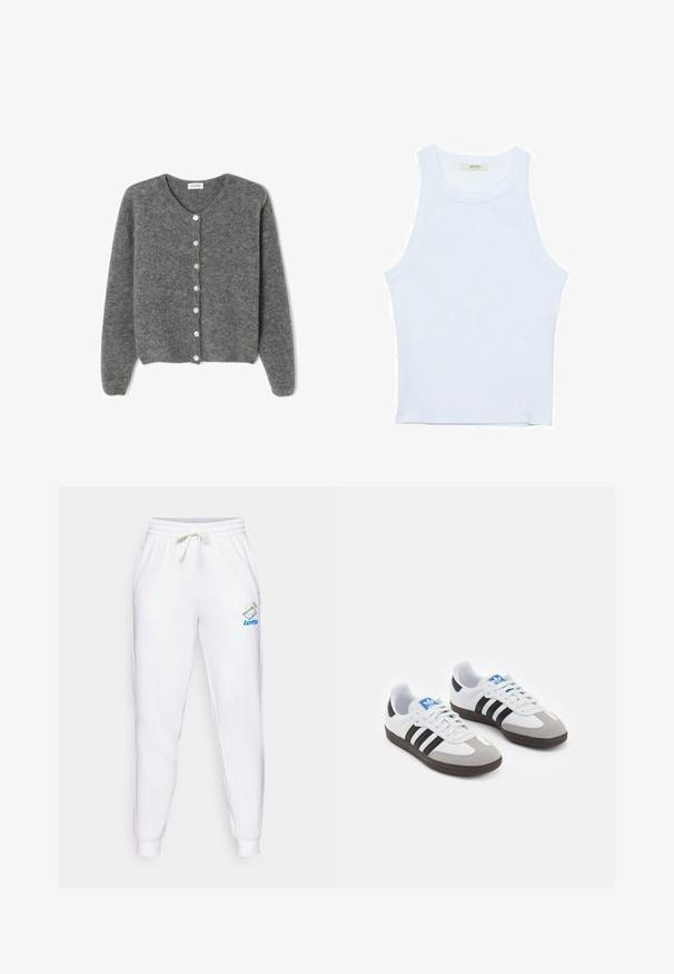 Grau gestrickte Wolle-Cardigan mit rundem Ausschnitt, ausgestattet mit sieben Vorderknöpfen und einer weichen, strukturierten Oberfläche. Die Ärmel sind leicht weit.; Weißes Tanktop, gerippte Textur, runder Ausschnitt, ärmelloses Design, enganliegende Form, dezente Markenkennzeichnung im Etikett im Kragenbereich.; Weiße Jogginghose mit elastischem Bund und verstellbarem Kordelzug. Ausgestattet mit einem blauen und mehrfarbigen Lotto-Logo am linken Oberschenkel.; Sportschuhe mit einem Obermaterial aus weißem Leder, grauer Wildleder-Zehenkappe und drei schwarzen Streifen. Sie verfügen über ein blaues Logo auf der Zunge und eine strukturierte Gummisohle.