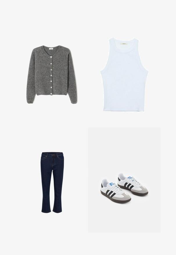 Cardigan grigio in lana con scollo rotondo, caratterizzato da sette bottoni frontali e una finitura morbida e testurizzata. Le maniche sono leggermente ampie.; Canotta bianca, texture a coste, scollatura rotonda, design senza maniche, forma aderente, branding sottile sull'etichetta all'interno dell'area del colletto.; Jeans in denim blu scuro con vita media, chiusura con bottone, tasche frontali e un leggero svaso all'orlo.; Scarpe sportive con tomaia in pelle bianca, punta in suede grigia e tre strisce nere. Presentano un logo blu sulla linguetta e una suola in gomma testurizzata.