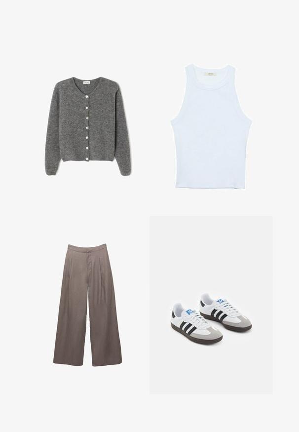 Sivý vlnený kardigán s okrúhlym výstrihom, s vydaním sedem predných gombíkov a jemným, textúrovaným povrchom. Rukávy sú mierne voľné.; Biele tielko, rebrový textúra, okrúhly výstrih, bezrukávový dizajn, priliehavý strih, diskrétne logo na štítku vo vnútri oblasti goliera.; Bledé nohavice z ľanovej látky s vysokým pásom a prednými záhybmi, navrhnuté pre voľný a uvoľnený strih.; Športové topánky s bielym koženým zvrškom, šedou semišovou špičkou a tromi čiernymi pruhmi. Obsahujú modré logo na jazyku a štruktúrovanú gumovú podrážku.