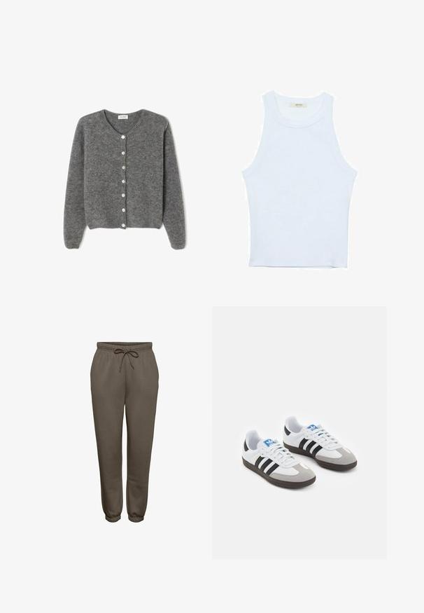 Sivkasta volnenega kardigana z okroglim izrezom, ki ima sedem sprednjih gumbov in mehak, teksturiran zaključek. Rokavi so nekoliko ohlapni.; Bela majica bez rukavov, rebrasta tekstura, okrugli izrez, kroj koji prati tijelo, suptilno brendiranje na etiketi unutar ovratnika.; Rjavi trenirke iz mehkega materiala, z elastičnim pasom in vrvico ter zoženimi manšetami na gležnjih.; Športni čevlji z belim usnjenim zgornjim delom, sivim semišem na prstih in tremi črnimi črtami. Imajo modro logo na jeziku in teksturiran gumijast podplat.