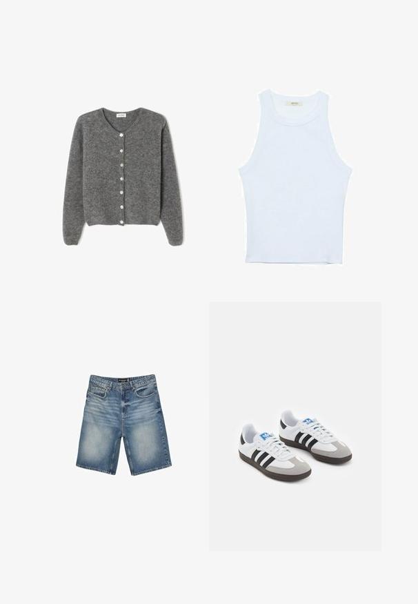 Šedý vlněný kardigan s kulatým výstřihem, který má sedm předních knoflíků a měkký, texturovaný povrch. Rukávy jsou mírně volné.; Bílý top bez rukávů, žebrovaná textura, kulatý výstřih, obtáhnutý střih, decentní značka na štítku uvnitř oblasti límce.; Džínové šortky v světle modré barvě, s páskem s poutky, pěti kapsami a mírně vybledlým vzhledem pro opotřebovaný efekt.; Sportovní boty s bílým koženým svrškem, šedou semišovou špičkou a třemi černými pruhy. Obsahují modré logo na jazyku a texturovanou gumovou podrážku.