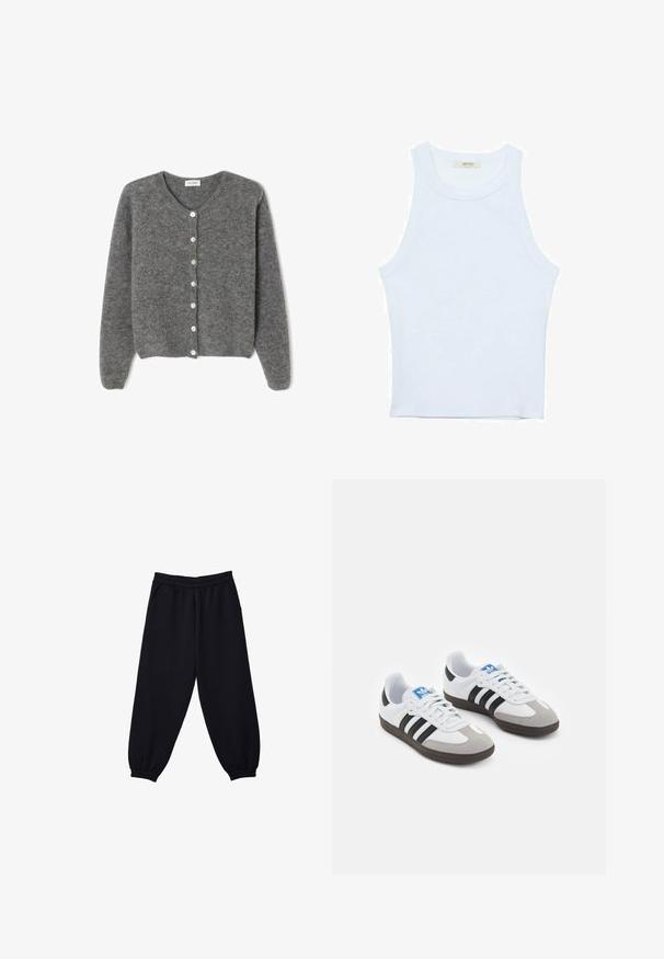 Grau gestrickte Wolle-Cardigan mit rundem Ausschnitt, ausgestattet mit sieben Vorderknöpfen und einer weichen, strukturierten Oberfläche. Die Ärmel sind leicht weit.; Weißes Tanktop, gerippte Textur, runder Ausschnitt, ärmelloses Design, enganliegende Form, dezente Markenkennzeichnung im Etikett im Kragenbereich.; Schwarze Sweatpants mit elastischem Bund, bündchenförmigen Knöcheln und Seitentaschen. Weicher Stoff mit glatter Textur und lockerer Passform.; Sportschuhe mit einem Obermaterial aus weißem Leder, grauer Wildleder-Zehenkappe und drei schwarzen Streifen. Sie verfügen über ein blaues Logo auf der Zunge und eine strukturierte Gummisohle.