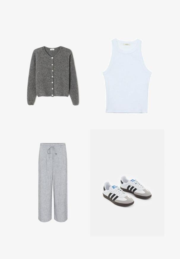 Szary wełniany kardigan z okrągłym dekoltem, z siedmioma guzikami z przodu i miękkim, teksturowanym wykończeniem. Rękawy są nieco luźne.; Biały top bez rękawów, prążkowana tekstura, okrągły dekolt, dopasowany krój, subtelne logo na metce wewnątrz obszaru kołnierza.; Jasnoszare szerokie spodnie z teksturowanej tkaniny z elastycznym pasem i subtelnym wzorem, z plisami dla dodatkowego detalu.; Buty sportowe z białą skórzaną cholewką, szarym zamszowym noskiem i trzema czarnymi paskami. Posiadają niebieskie logo na języku oraz teksturowaną gumową podeszwę.