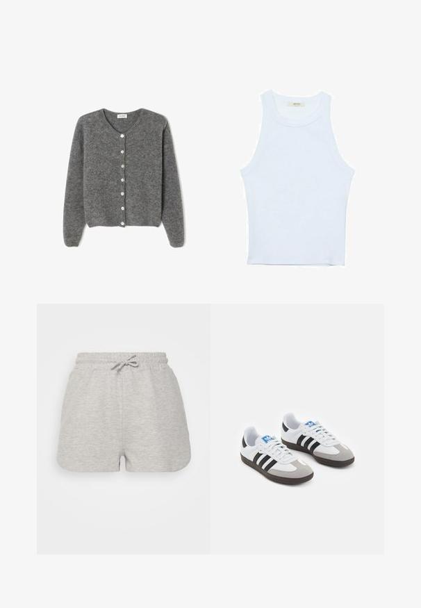 Sivkasta volnenega kardigana z okroglim izrezom, ki ima sedem sprednjih gumbov in mehak, teksturiran zaključek. Rokavi so nekoliko ohlapni.; Bela majica bez rukavov, rebrasta tekstura, okrugli izrez, kroj koji prati tijelo, suptilno brendiranje na etiketi unutar ovratnika.; Even&Odd Kratke hlače - mottled light grey; Športni čevlji z belim usnjenim zgornjim delom, sivim semišem na prstih in tremi črnimi črtami. Imajo modro logo na jeziku in teksturiran gumijast podplat.