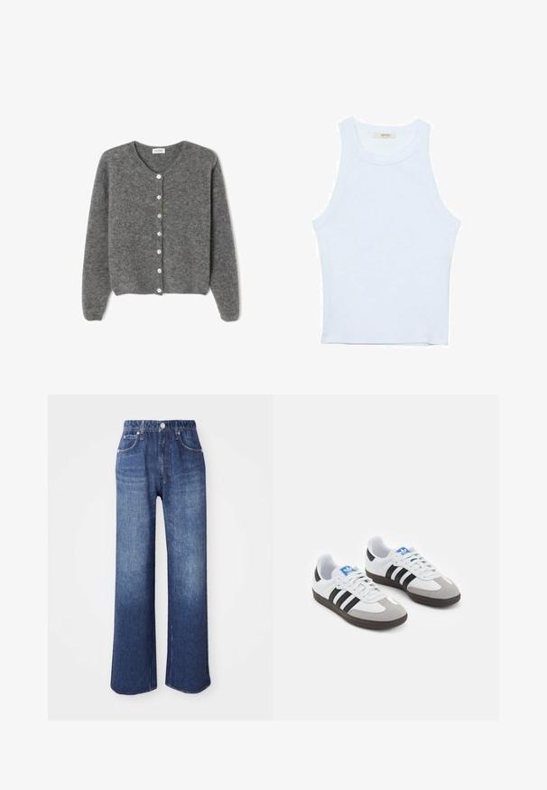Szary wełniany kardigan z okrągłym dekoltem, z siedmioma guzikami z przodu i miękkim, teksturowanym wykończeniem. Rękawy są nieco luźne.; Biały top bez rękawów, prążkowana tekstura, okrągły dekolt, dopasowany krój, subtelne logo na metce wewnątrz obszaru kołnierza.; Szerokie niebieskie dżinsy z wysokim stanem, pięcioma kieszeniami i zapięciem na srebrny guzik. Materiał ma gładką fakturę z delikatnym wyblaknięciem.; Buty sportowe z białą skórzaną cholewką, szarym zamszowym noskiem i trzema czarnymi paskami. Posiadają niebieskie logo na języku oraz teksturowaną gumową podeszwę.