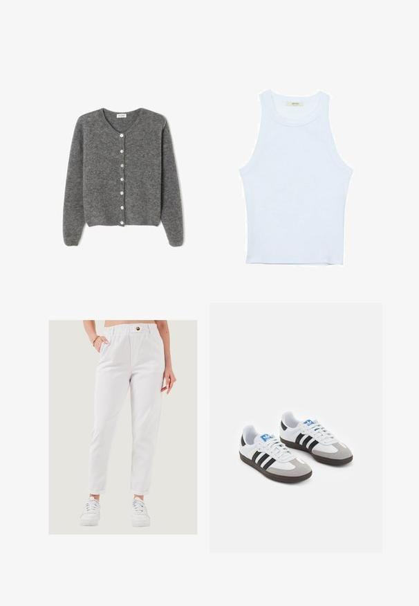 Sivý vlnený kardigán s okrúhlym výstrihom, s vydaním sedem predných gombíkov a jemným, textúrovaným povrchom. Rukávy sú mierne voľné.; Biele tielko, rebrový textúra, okrúhly výstrih, bezrukávový dizajn, priliehavý strih, diskrétne logo na štítku vo vnútri oblasti goliera.; Biele elastické nohavice s gombíkovým detailom, bočnými vreckami, zužujúcimi sa nohavicami a zrolovanými manžetami, nosené s bielymi teniskami na svetlom pozadí.; Športové topánky s bielym koženým zvrškom, šedou semišovou špičkou a tromi čiernymi pruhmi. Obsahujú modré logo na jazyku a štruktúrovanú gumovú podrážku.