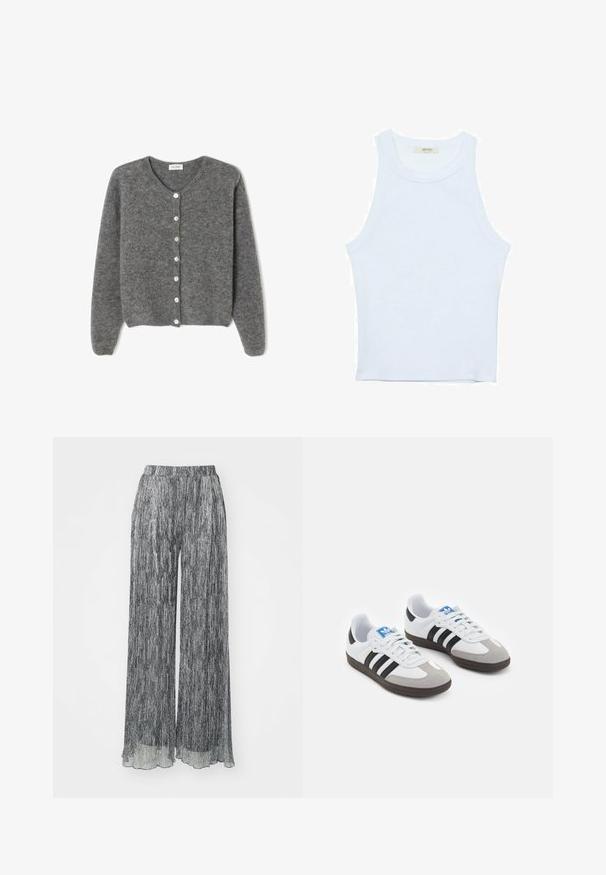 Gray wool cardigan with a round neckline, featuring seven front buttons and a soft, textured finish. Sleeves are slightly loose.; White tank top, ribbed texture, round neckline, sleeveless design, fitted shape, subtle branding on the label inside the collar area.; Black and white wide-leg trousers with a pleated texture, elastic waistband, and sheer hem. The fabric features vertical stripes.; Sport shoes with a white leather upper, gray suede toe, and three black stripes. Features a blue logo on the tongue and a textured rubber sole.