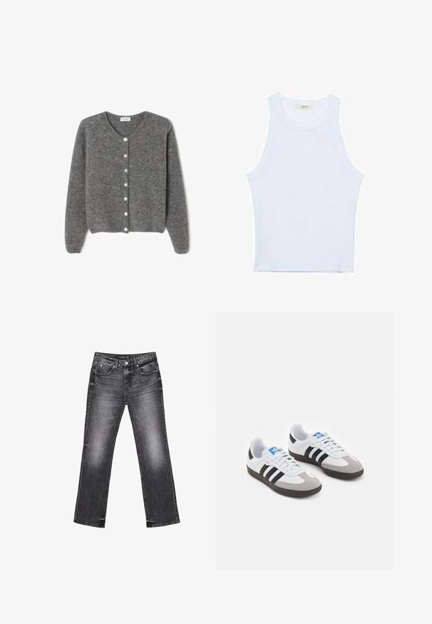 Šedý vlněný kardigan s kulatým výstřihem, který má sedm předních knoflíků a měkký, texturovaný povrch. Rukávy jsou mírně volné.; Bílý top bez rukávů, žebrovaná textura, kulatý výstřih, obtáhnutý střih, decentní značka na štítku uvnitř oblasti límce.; Černé džíny z denimu se střihem rovného nohavice, s vybledlým vzhledem a pěti kapsami. Mají poutka na pásek a zip na zapínání.; Sportovní boty s bílým koženým svrškem, šedou semišovou špičkou a třemi černými pruhy. Obsahují modré logo na jazyku a texturovanou gumovou podrážku.