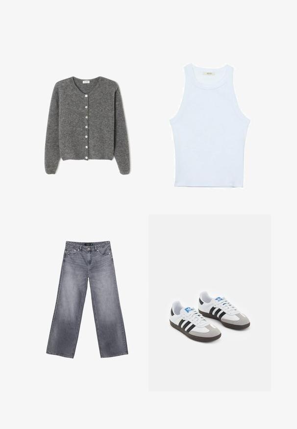 Grau gestrickte Wolle-Cardigan mit rundem Ausschnitt, ausgestattet mit sieben Vorderknöpfen und einer weichen, strukturierten Oberfläche. Die Ärmel sind leicht weit.; Weißes Tanktop, gerippte Textur, runder Ausschnitt, ärmelloses Design, enganliegende Form, dezente Markenkennzeichnung im Etikett im Kragenbereich.; Weite graue Jeans aus Denim mit verblasster Optik, Knopfverschluss und Fünf-Taschen-Design. Mit doppelten Nähten und silberfarbenen Beschlägen.; Sportschuhe mit einem Obermaterial aus weißem Leder, grauer Wildleder-Zehenkappe und drei schwarzen Streifen. Sie verfügen über ein blaues Logo auf der Zunge und eine strukturierte Gummisohle.