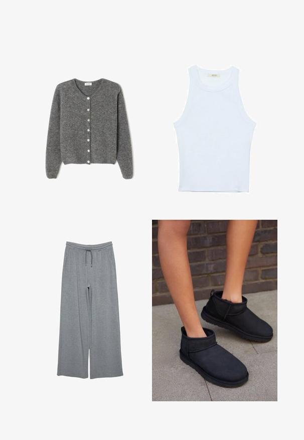 Grau gestrickte Wolle-Cardigan mit rundem Ausschnitt, ausgestattet mit sieben Vorderknöpfen und einer weichen, strukturierten Oberfläche. Die Ärmel sind leicht weit.; Weißes Tanktop, gerippte Textur, runder Ausschnitt, ärmelloses Design, enganliegende Form, dezente Markenkennzeichnung im Etikett im Kragenbereich.; Graue weit geschnittene Hose aus weichem Stoff, mit einem elastischen Bund und Kordelzug sowie seitlichen Taschen. Glatte Textur, ohne Muster.; Schwarze Ankle Boots aus Wildleder mit einem weichen Innenfutter. Sie verfügen über eine runde Zehenpartie und eine flache, strukturierte Sohle.