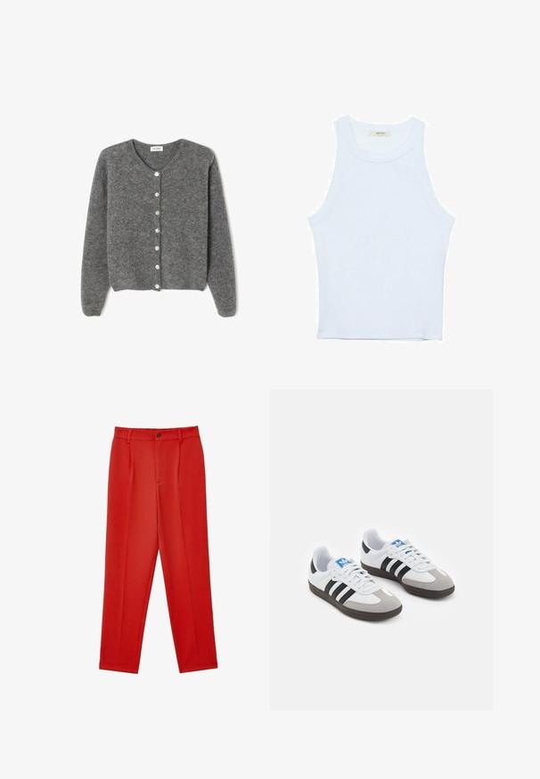 Grau gestrickte Wolle-Cardigan mit rundem Ausschnitt, ausgestattet mit sieben Vorderknöpfen und einer weichen, strukturierten Oberfläche. Die Ärmel sind leicht weit.; Weißes Tanktop, gerippte Textur, runder Ausschnitt, ärmelloses Design, enganliegende Form, dezente Markenkennzeichnung im Etikett im Kragenbereich.; Rote Hosen aus glattem Stoff, mit einer strukturierten Silhouette, einer mittleren Falte und einem einzelnen Knopfverschluss am Bund.; Sportschuhe mit einem Obermaterial aus weißem Leder, grauer Wildleder-Zehenkappe und drei schwarzen Streifen. Sie verfügen über ein blaues Logo auf der Zunge und eine strukturierte Gummisohle.