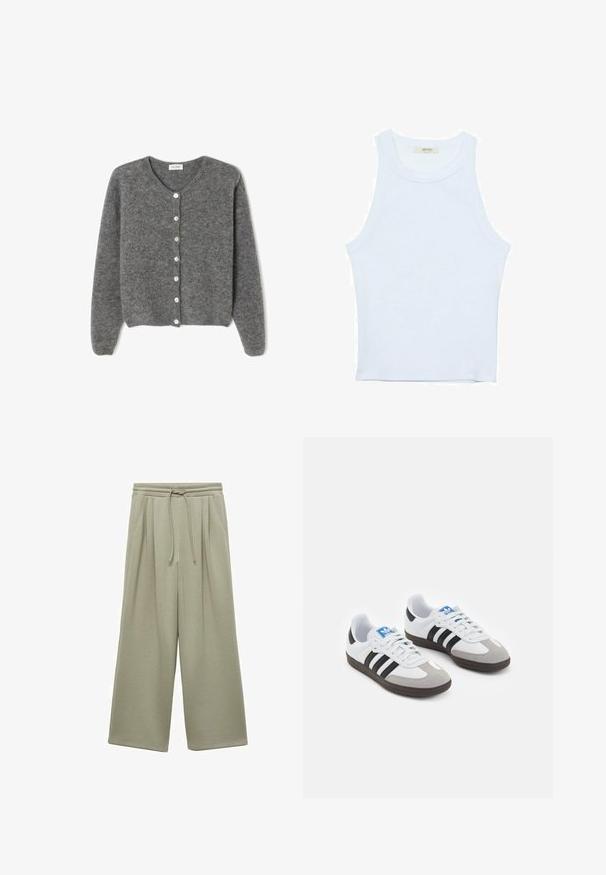 Harmaa villaneule, jossa on pyöreä kaula-aukko, seitsemällä etunapilla ja pehmeällä, teksturoidulla pinnalla. Hihat ovat hieman löysät.; Valkoinen hihaton toppi, ribbed rakenne, pyöreä pääntie, hihaton malli, tiukka muoto, hillitty brändäys kauluksella sisäpuolella.; Vaaleanvihreät, leveälahkeiset collegehousut, joissa on pehmeä kangas. Ominaisuuksina säätönyöri vyötäröllä, laskokset ja rento malli. Ei näkyviä taskuja.; Urheilukengät, joissa on valkoinen nahkainen päällinen, harmaa mokkanokka ja kolme mustaa raitaa. Ominaisuuksina sininen logo kielekkeessä ja kuvioitu kumipohja.