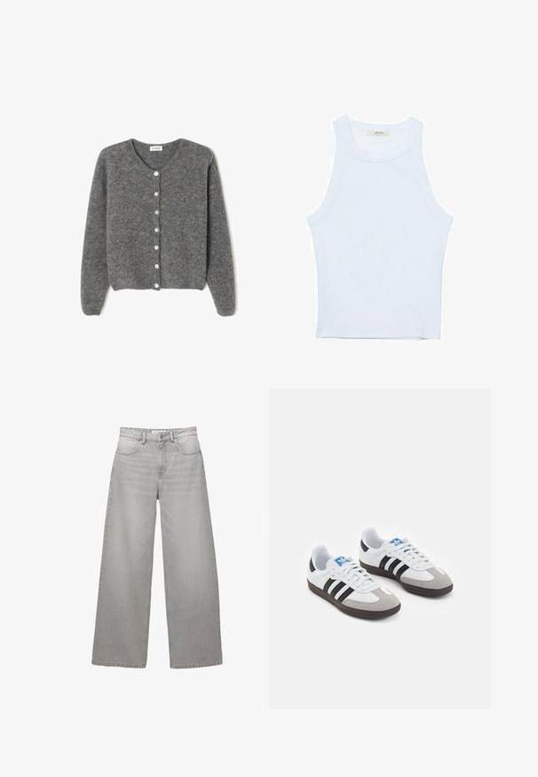 Sivi vuneni kardigan s okruglim izrezom, sa sedam prednjih dugmadi i mekim, teksturiranim završetkom. Rukavi su blago široki.; Bijela majica na bretele, rebrasta tekstura, okrugli izrez, bez rukava, uski kroj, suptilno brendiranje na etiketici unutar područja ovratnika.; Široke svijetlosive traperice s visokim strukom, koje imaju pet džepova, zatvarač na dugme i vidljive šavove. Mekana tekstura s izblijedjelim završnim obradama.; Sportske cipele s gornjištem od bijele kože, sivi suedinasti nos i tri crne pruge. Imaju plavi logo na jeziku i teksturiranu gumenu podlogu.