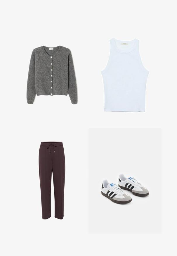 Grå ullcardigan med rund halsringning, som har sju framknappar och en mjuk, strukturerad yta. Ärmarna är något lösa.; Vit linne med ribbat mönster, rund halsringning, ärmlös design, figurnära passform, diskret logotyp på etiketten inuti halsringningen.; Mörkbruna sweatpants med dragsko i midjan, sidofickor och avslappnad passform. Mjukt tyg med en slät yta och rak ben-design.; Sportskor med överdel i vit läder, grå mocka på tårna och tre svarta ränder. Har en blå logotyp på tungan och en texturerad gummisula.