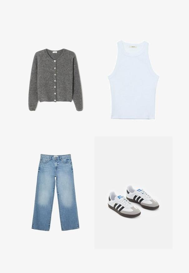 Harmaa villaneule, jossa on pyöreä kaula-aukko, seitsemällä etunapilla ja pehmeällä, teksturoidulla pinnalla. Hihat ovat hieman löysät.; Valkoinen hihaton toppi, ribbed rakenne, pyöreä pääntie, hihaton malli, tiukka muoto, hillitty brändäys kauluksella sisäpuolella.; Vaaleansiniset leveälahkeiset farkut, jotka on valmistettu denimistä. Ominaisuuksiin kuuluvat etutaskut, vetoketjukiinnitys ja vaaleaa kulumista reiden alueella.; Urheilukengät, joissa on valkoinen nahkainen päällinen, harmaa mokkanokka ja kolme mustaa raitaa. Ominaisuuksina sininen logo kielekkeessä ja kuvioitu kumipohja.