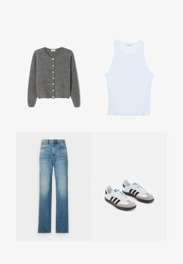 Šedý vlněný kardigan s kulatým výstřihem, který má sedm předních knoflíků a měkký, texturovaný povrch. Rukávy jsou mírně volné.; Bílý top bez rukávů, žebrovaná textura, kulatý výstřih, obtáhnutý střih, decentní značka na štítku uvnitř oblasti límce.; Svetle modré džíny s širokými nohavicemi a vybledlým vzhledem, s pěti kapsami, zapínáním na knoflík a kontrastním prošíváním.; Sportovní boty s bílým koženým svrškem, šedou semišovou špičkou a třemi černými pruhy. Obsahují modré logo na jazyku a texturovanou gumovou podrážku.