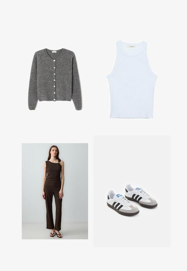 Grijze wollen cardigan met een ronde halslijn, voorzien van zeven knopen aan de voorkant en een zachte, gestructureerde afwerking. De mouwen zijn iets los.; Witte tanktop, geribbelde textuur, ronde halslijn, mouwloos ontwerp, aansluitende vorm, subtiele branding op het label binnenin de kraag.; Bruin, textuurgegeven tweedelig outfit met een mouwloze top met een asymmetrische halslijn en bijpassende strakke broek, aangevuld met flip-flops.; Sportschoenen met een witte leren bovenkant, grijze suède neus en drie zwarte strepen. Bevat een blauw logo op de tong en een gestructureerde rubberen zool.