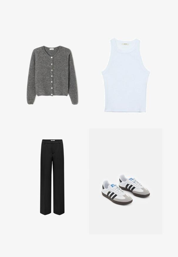 Grau gestrickte Wolle-Cardigan mit rundem Ausschnitt, ausgestattet mit sieben Vorderknöpfen und einer weichen, strukturierten Oberfläche. Die Ärmel sind leicht weit.; Weißes Tanktop, gerippte Textur, runder Ausschnitt, ärmelloses Design, enganliegende Form, dezente Markenkennzeichnung im Etikett im Kragenbereich.; ONLY BERRY HW WIDE TLR - Stoffhose - black; Sportschuhe mit einem Obermaterial aus weißem Leder, grauer Wildleder-Zehenkappe und drei schwarzen Streifen. Sie verfügen über ein blaues Logo auf der Zunge und eine strukturierte Gummisohle.