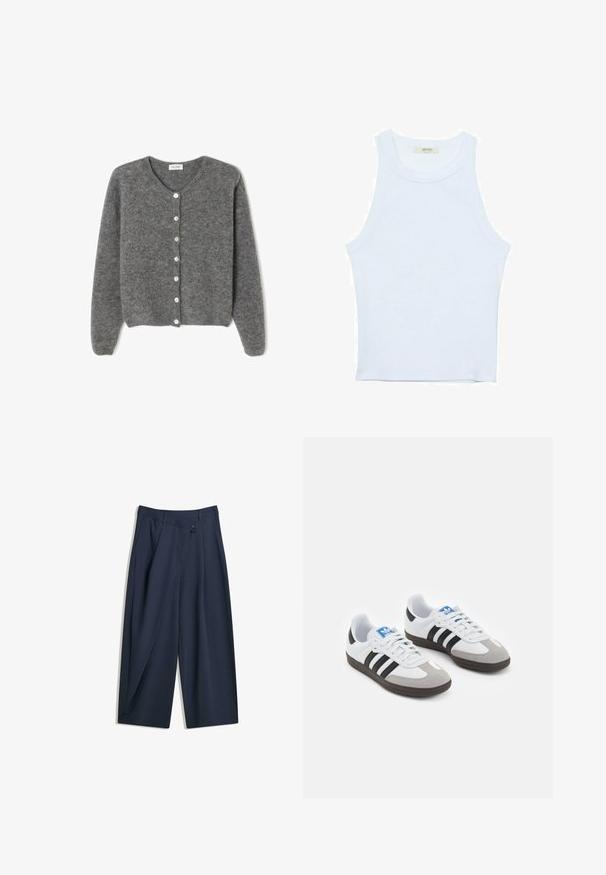 Sivkasta volnenega kardigana z okroglim izrezom, ki ima sedem sprednjih gumbov in mehak, teksturiran zaključek. Rokavi so nekoliko ohlapni.; Bela majica bez rukavov, rebrasta tekstura, okrugli izrez, kroj koji prati tijelo, suptilno brendiranje na etiketi unutar ovratnika.; Mornarsko široke hlače s tračnicami so zasnovane z natančnostjo, s sprednjim gubam, gumbom za zapiranje in gladko teksturo tkanine.; Športni čevlji z belim usnjenim zgornjim delom, sivim semišem na prstih in tremi črnimi črtami. Imajo modro logo na jeziku in teksturiran gumijast podplat.