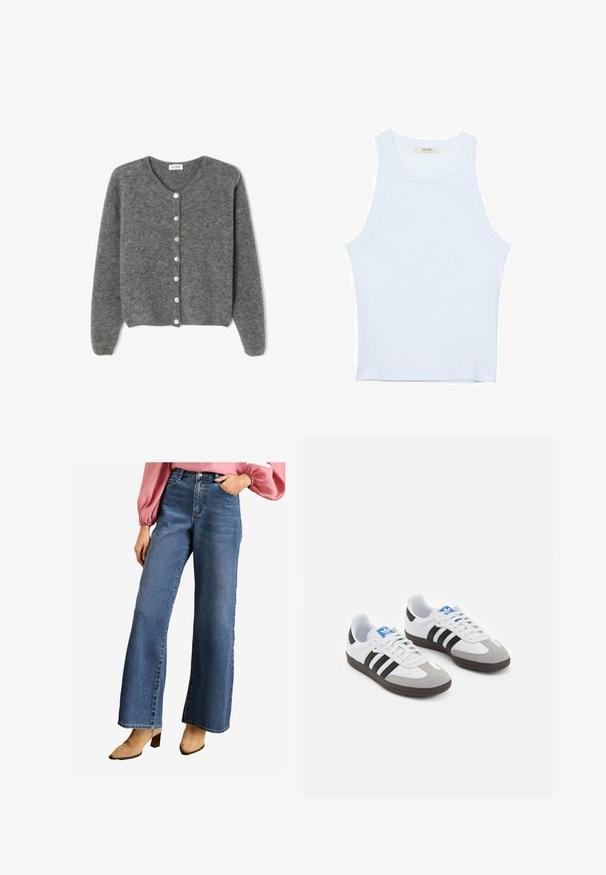 Sivi vuneni kardigan s okruglim izrezom, sa sedam prednjih dugmadi i mekim, teksturiranim završetkom. Rukavi su blago široki.; Bijela majica na bretele, rebrasta tekstura, okrugli izrez, bez rukava, uski kroj, suptilno brendiranje na etiketici unutar područja ovratnika.; Plave traperice širokih nogavica s visokim strukom, prednjim džepovima i klasičnim dizajnom s pet džepova. Glatka tekstura s tamnim pranjem.; Sportske cipele s gornjištem od bijele kože, sivi suedinasti nos i tri crne pruge. Imaju plavi logo na jeziku i teksturiranu gumenu podlogu.