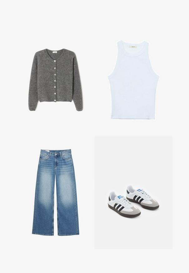 Sivkasta volnenega kardigana z okroglim izrezom, ki ima sedem sprednjih gumbov in mehak, teksturiran zaključek. Rokavi so nekoliko ohlapni.; Bela majica bez rukavov, rebrasta tekstura, okrugli izrez, kroj koji prati tijelo, suptilno brendiranje na etiketi unutar ovratnika.; Svetlo modri široki traper hlače. Imajo visoko pasnico, sprednja žepa in dekorativne žeblje na zunanjih šivih.; Športni čevlji z belim usnjenim zgornjim delom, sivim semišem na prstih in tremi črnimi črtami. Imajo modro logo na jeziku in teksturiran gumijast podplat.