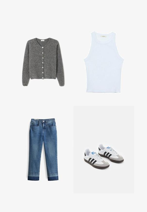 Cardigan grigio in lana con scollo rotondo, caratterizzato da sette bottoni frontali e una finitura morbida e testurizzata. Le maniche sono leggermente ampie.; Canotta bianca, texture a coste, scollatura rotonda, design senza maniche, forma aderente, branding sottile sull'etichetta all'interno dell'area del colletto.; Jeans in denim blu con design a gamba dritta, quattro tasche e orlo rifinito con un accento di blu leggermente più scuro. Chiusura classica con bottone e zip.; Scarpe sportive con tomaia in pelle bianca, punta in suede grigia e tre strisce nere. Presentano un logo blu sulla linguetta e una suola in gomma testurizzata.