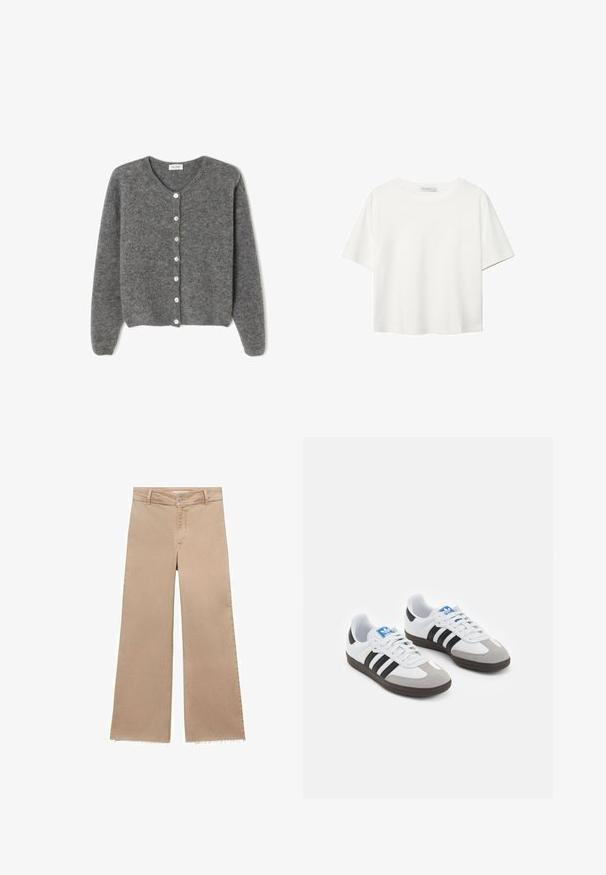 Grau gestrickte Wolle-Cardigan mit rundem Ausschnitt, ausgestattet mit sieben Vorderknöpfen und einer weichen, strukturierten Oberfläche. Die Ärmel sind leicht weit.; Weißes T-Shirt mit kurzen Ärmeln aus Baumwolle. Hat einen Rundhalsausschnitt und eine lockere Passform. Glatte Textur ohne sichtbare Muster oder Akzente.; Beige Schlagjeans mit fransigem Saum, aus Baumwolle gefertigt. Mit einem Knopfverschluss und Gürtelschlaufen, bieten sie eine lockere Passform und lässigen Stil.; Sportschuhe mit einem Obermaterial aus weißem Leder, grauer Wildleder-Zehenkappe und drei schwarzen Streifen. Sie verfügen über ein blaues Logo auf der Zunge und eine strukturierte Gummisohle.