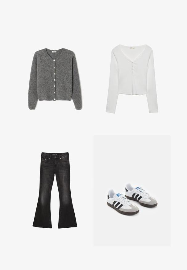 Sivý vlnený kardigán s okrúhlym výstrihom, s vydaním sedem predných gombíkov a jemným, textúrovaným povrchom. Rukávy sú mierne voľné.; Biely dlhý rukáv s výstrihom do V, s detailmi na gombíky a rebrovanou textúrou, navrhnutý pre uvoľnený strih.; Čierne denimové rozšírené džínsy s stredne vysokým pásom, ktorých súčasťou je päť vreciek, kontrastné švy a akcenty zo strieborného kovu.; Športové topánky s bielym koženým zvrškom, šedou semišovou špičkou a tromi čiernymi pruhmi. Obsahujú modré logo na jazyku a štruktúrovanú gumovú podrážku.