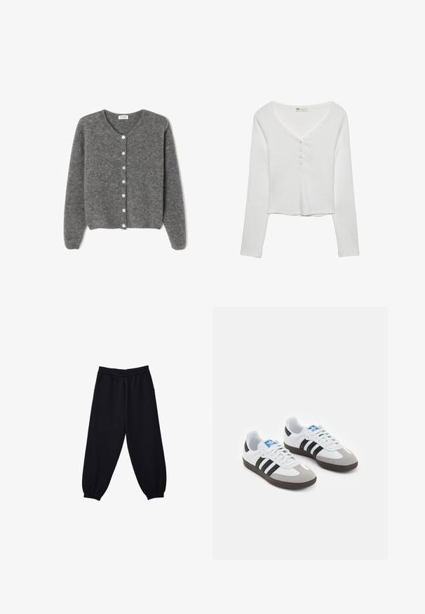 Sivkasta volnenega kardigana z okroglim izrezom, ki ima sedem sprednjih gumbov in mehak, teksturiran zaključek. Rokavi so nekoliko ohlapni.; Bela majica z dolgimi rokavi in V-izrezom, ki ima detajle s gumbi in rebrasto strukturo, zasnovana za sproščen kroj.; Črne trenirke z elastičnim pasom, z manšetami na gležnjih in stranskimi žepi. Mehka tkanina z gladko teksturo in ohlapnim krojem.; Športni čevlji z belim usnjenim zgornjim delom, sivim semišem na prstih in tremi črnimi črtami. Imajo modro logo na jeziku in teksturiran gumijast podplat.