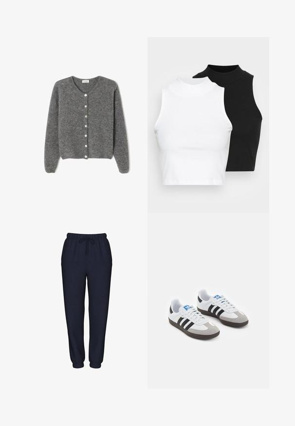 Gray wool cardigan with a round neckline, featuring seven front buttons and a soft, textured finish. Sleeves are slightly loose.; Two sleeveless ribbed turtleneck tops in black and white, featuring a fitted design and smooth texture, with cropped length.; Navy blue sweatpants made from soft fabric, featuring an elastic waistband with a drawstring, and fitted cuffs at the ankles.; Sport shoes with a white leather upper, gray suede toe, and three black stripes. Features a blue logo on the tongue and a textured rubber sole.