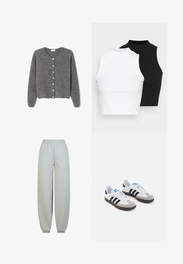 Grå uld cardigan med rund hals, prydet med syv knapper foran og en blød, tekstureret overflade. Ærmerne er en smule løse.; To kjoleløse ribbede turtleneck-toppe i sort og hvid, med en tætsiddende design og glat tekstur, samt cropped længde.; Grå sweatpants med elastisk talje, taperede manchetter og glat tekstur. De er løstsiddende uden synlige mønstre eller udsmykninger.; Sportsko med en overdel i hvid læder, grå ruskind på tåen og tre sorte striber. Har et blåt logo på tungen og en struktureret gummisål.
